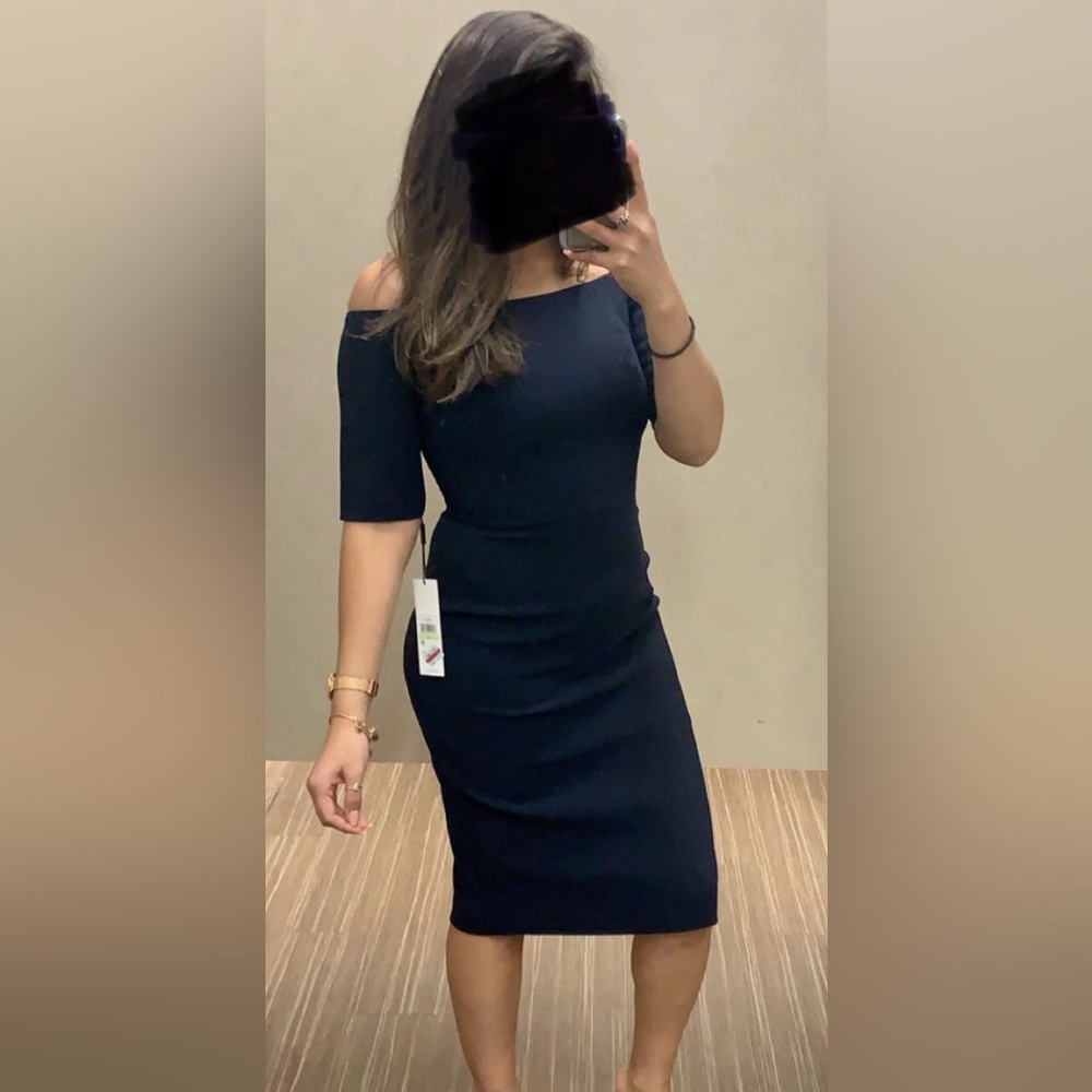 Calvin Klein off the shoulder navy blue dress.